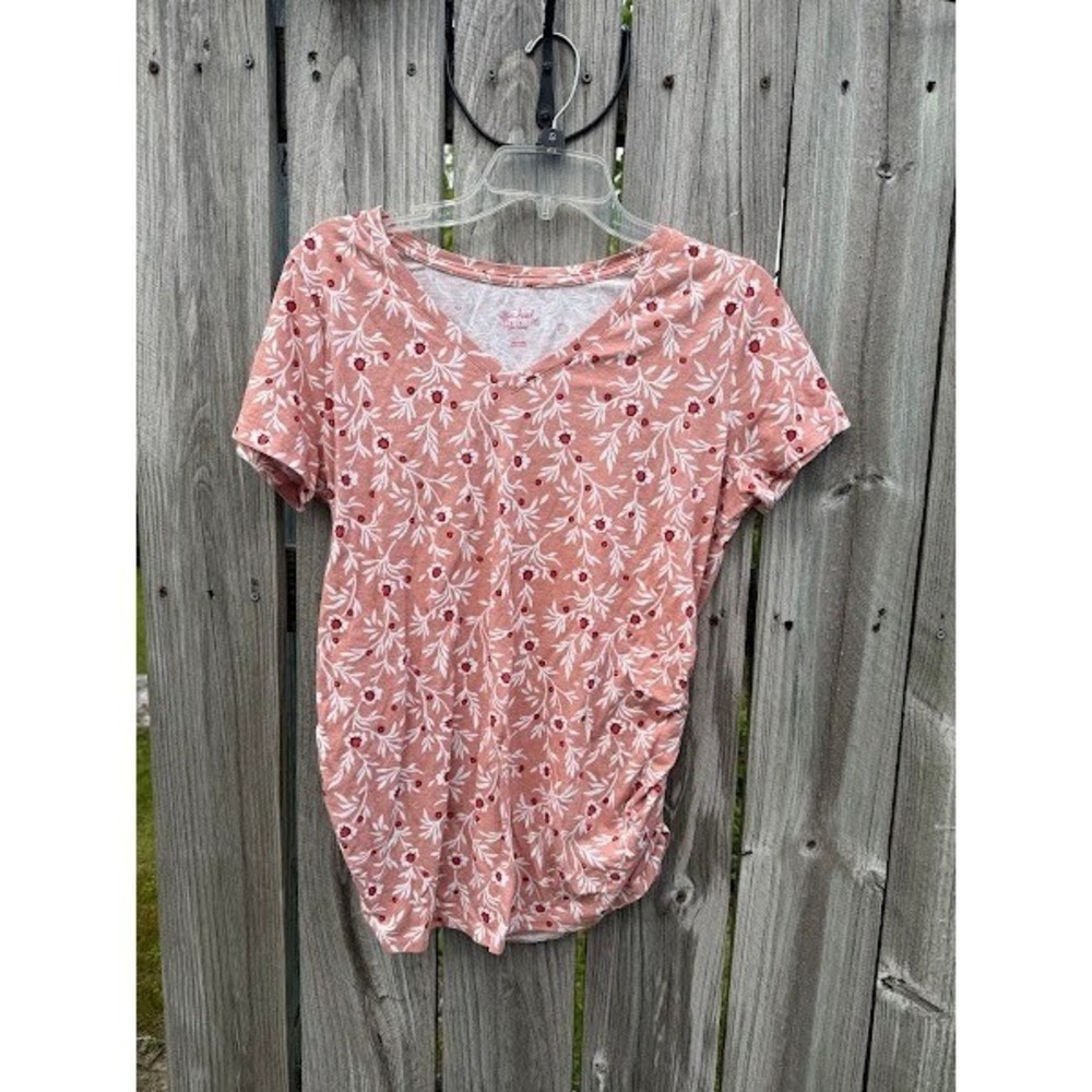 Isabel Maternity Coral Pink Floral V-Neck Ruched Side T-Shirt Large